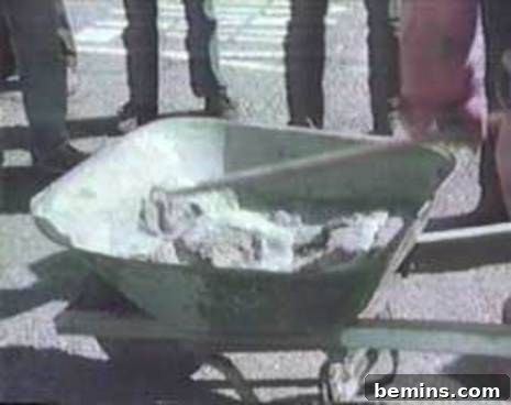 Wheelbarrow filled with wet cement, ready for use.