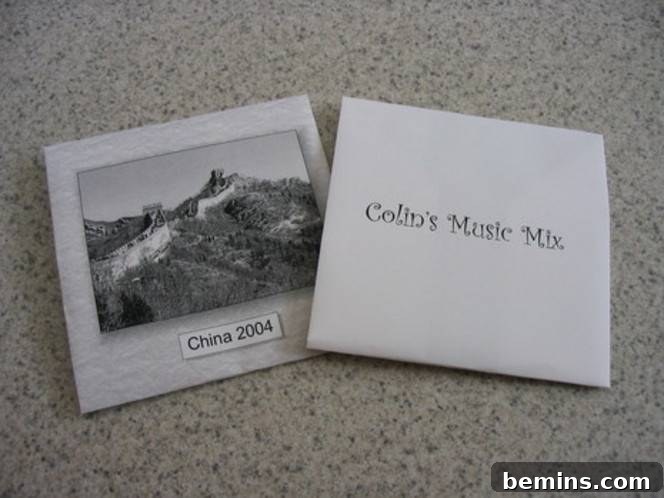 A folded paper CD case with custom text and artwork on the front.