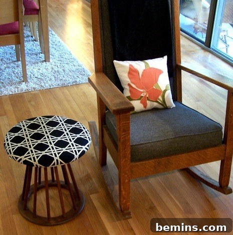 Before: A plain, outdated stool ready for reupholstering