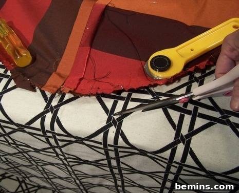 Cutting out the new fabric for the stool reupholstery