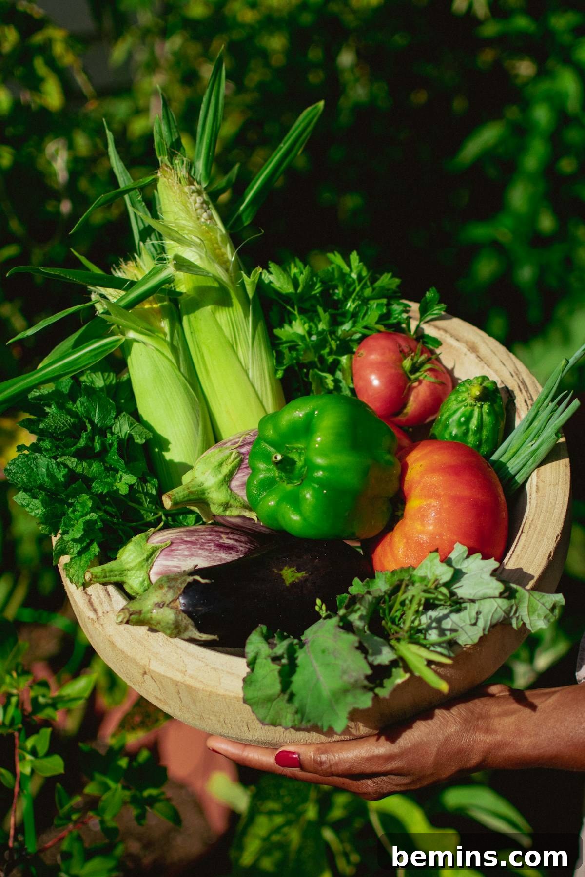 Hand holding freshly harvested vegetables from a home vegetable garden