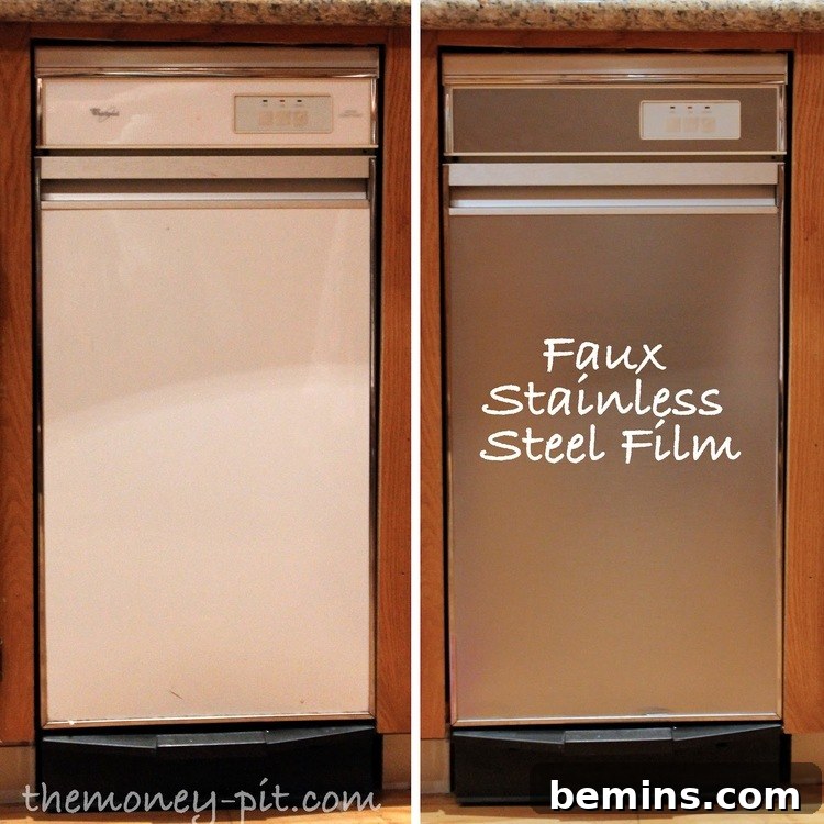 Refurbishing Appliances with Stainless Steel Effect Film 2 Transform appliances with stainless steel contact paper for a modern kitchen look.