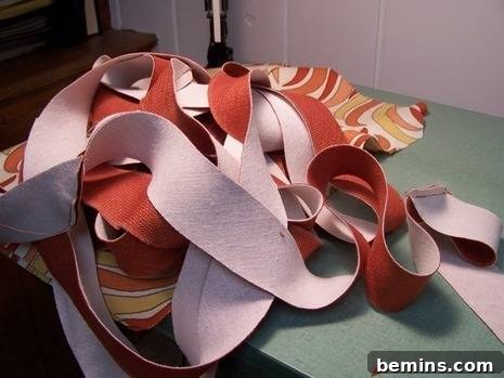 Back in Style: Mid-Century Modern Cushion Makeover 6 Cutting bias strips for welt cord piping.