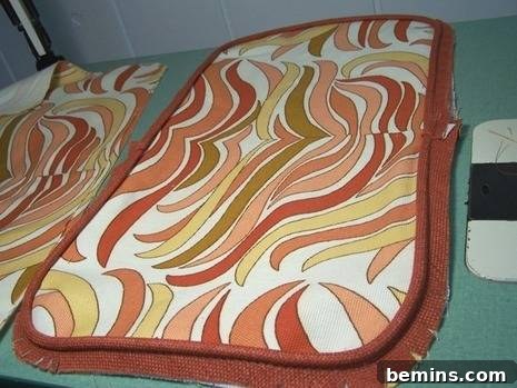 Back in Style: Mid-Century Modern Cushion Makeover 8 Stitching welt cord around the front cushion piece, showing corner clipping.