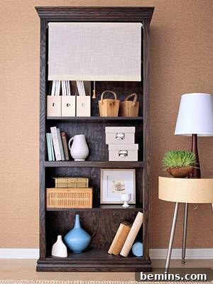 Country style bookcase makeover with shutter doors and iron bolt