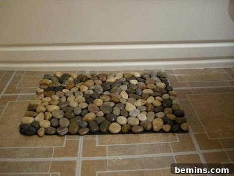 The completed pebble bath mat in use.