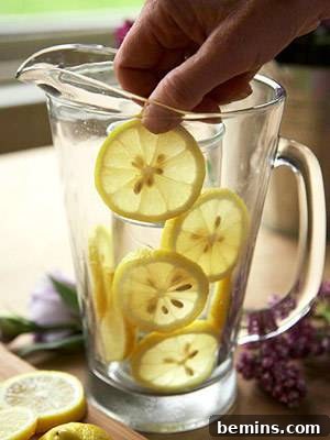 Simple Citrus Slice Flower Arrangements 3 A close-up view of the process of creating a lemon-infused pitcher, showing neatly arranged lemon slices between two glass vessels, ready for water and flowers.