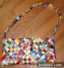 Crafting a Chic Purse from Chip Bags: A DIY Guide 3 A purse made of cut up potato chip bags that have been woven together.
