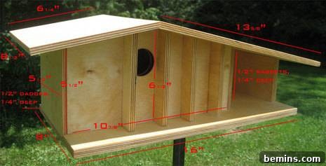 Detailed measurements and diagram of the wooden birdhouse components.