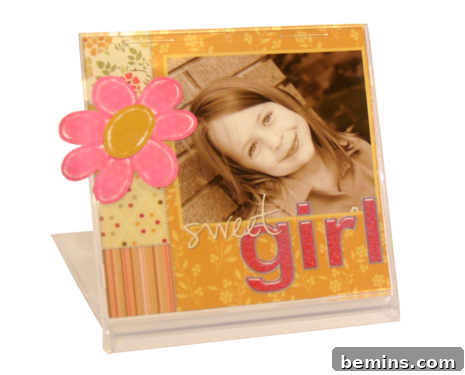 A picture frame with a pink flower and the words 'sweet girl' encloses a picture of a young girl smiling.