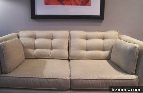 DIY Mod Upholstery: Faux Tufting Techniques 12 Finished mock tufted sofa cushions