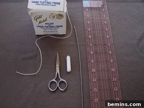DIY Mod Upholstery: Faux Tufting Techniques 4 Materials needed for mock tufting: twine, scissors, ruler, chalk, and needle