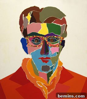 A vibrant mosaic portrait made from colorful scrap paper.