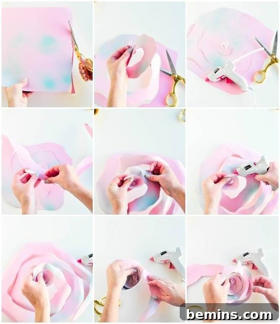 Cutting the paper in a spiral fashion to create the rose petals.
