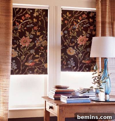 Floral blinds cover the windows in a room with a desk, showcasing the potential of wallpapering window shades.