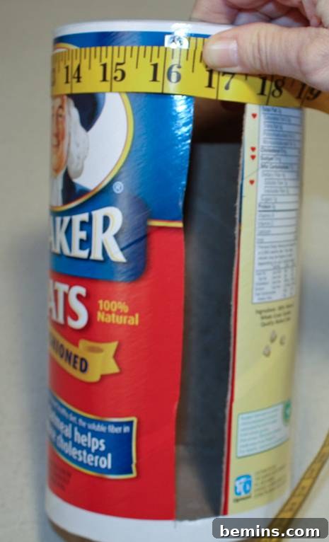 Repurpose and Organize: An Oatmeal Container Ribbon Dispenser 6 Measuring the Circumference of the Box