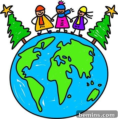 A globe adorned with people and Christmas trees, symbolizing global Christmas traditions.