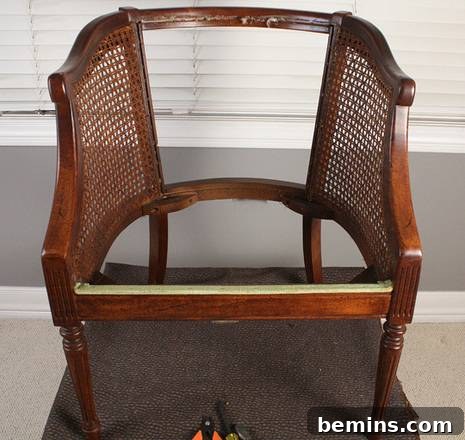 Green velvet cane back chair during upholstery