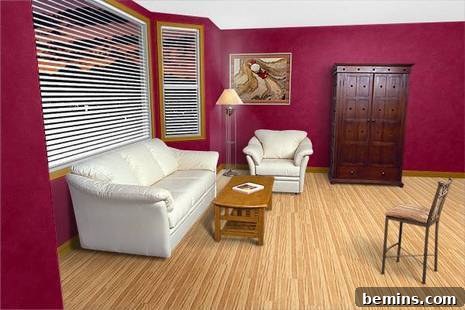 Living room with white couches and red walls, showcasing dark trim blending with dark walls