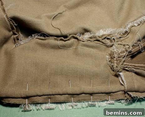 Pinned slipcover seam before sewing