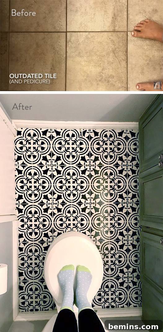Creative floor tile paint job using stencils to create a beautiful and unique pattern.