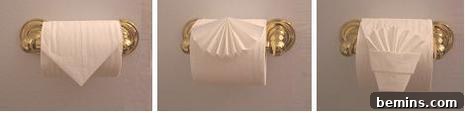 Toilet paper folded into a fancy design on a gold toilet paper roll holder