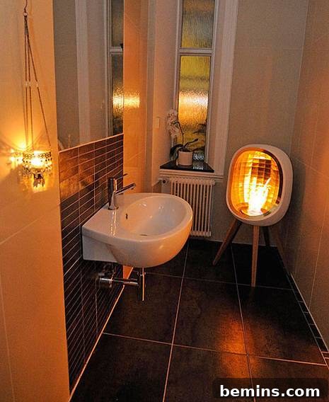 A bathroom showcasing the versatility of the Piet ethanol fireplace, providing warmth and ambiance.