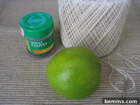 Timeless Fragrance: Crafting Pomanders 3 A spool of white string resting beside a bottle of whole cloves and a fresh lime, ready for crafting a pomander.