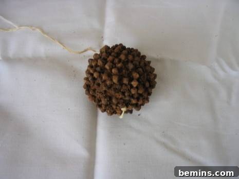 Timeless Fragrance: Crafting Pomanders 7 A clove-filled ball ornament resting on a linen surface, radiating a warm and inviting aroma.