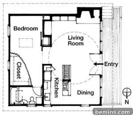 Housing plan outlining living room, kitchen, dining room, bedroom, and closet