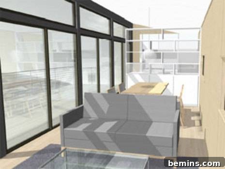 A sun porch with a grey couch