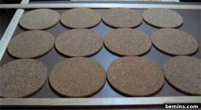 Twelve round cork trivets laid out on a tray.