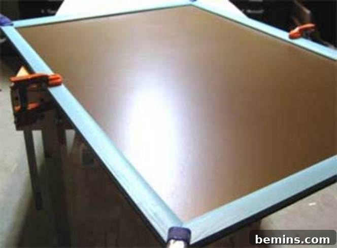 Clamping the painted trim to the backing panel.