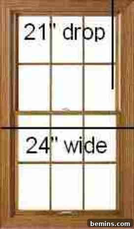 A brown window frame with the words, 21 inch drop and 24 inch wide.