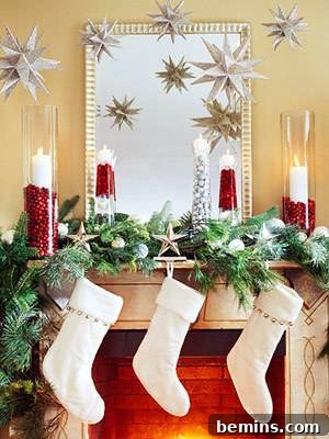 30 Creative Cranberry Decor Ideas 3 A fireplace mantel decorated with white stockings and red cranberry-themed candles.