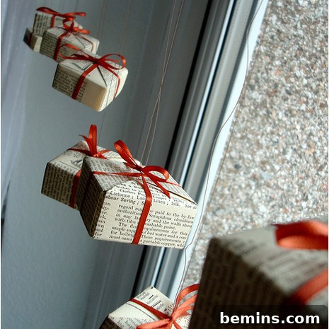 A series of newspaper-wrapped presents hung as decorations.