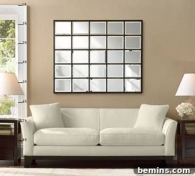 Craft Your Own Pottery Barn Grid Mirror 3 Stunning DIY multi-panel mirror, a budget-friendly alternative to Pottery Barn's Eagan mirror, mounted above a modern white sofa