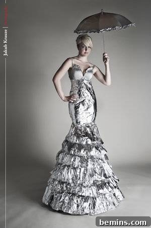 Woman holding an umbrella in a dress made from aluminum.