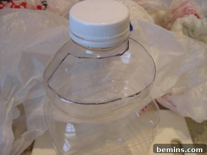 Plastic water bottle marked for creating openings for plastic bag storage