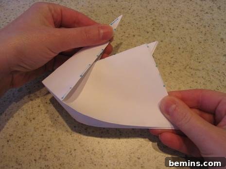 A person folding a white piece of paper into a shape.