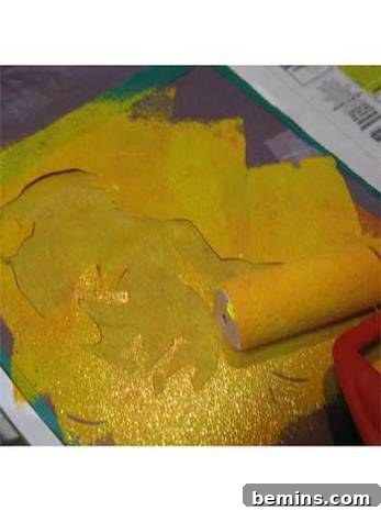 A creative close-up shot of a person hand-stenciling a t-shirt, meticulously rolling black ink over a custom stencil to form a unique design, illustrating the detailed DIY process.
