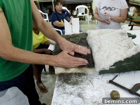 Detail view of horsehair expertly prepared and contoured for the diamond tufting process