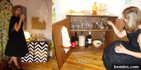 The completed Mad Men bar stocked with drinks