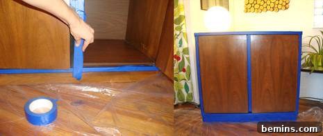 Taping the edges of the cabinet for painting