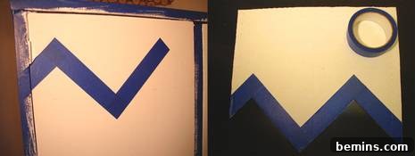 Taping along the first chevron line on the cabinet