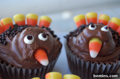 Turkey Time: 8 Delightful Thanksgiving Dishes 6 Two chocolate cupcakes decorated like turkey birds.