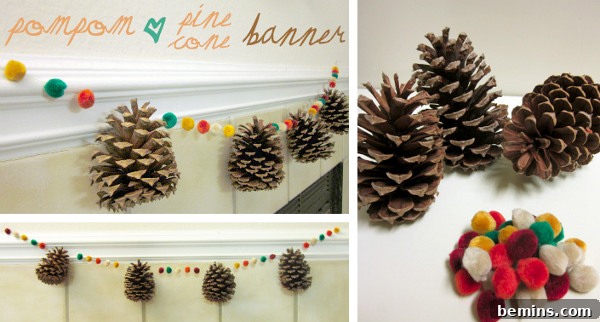 7 Fall Garlands to Craft for a Cozy Weekend 9 Charming pom pom and pine cones garland, combining soft yarn balls with natural elements for a cozy autumn feel.