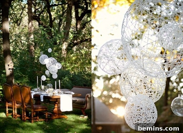 DIY string ball lanterns hanging, casting a warm glow