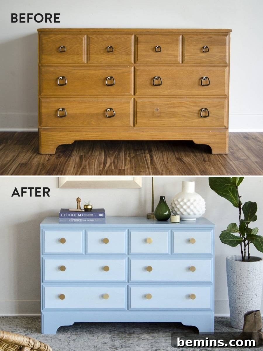 Before and after image of a dresser repainting project. The image showcases the transformation from an old, worn dresser to a beautifully repainted piece.