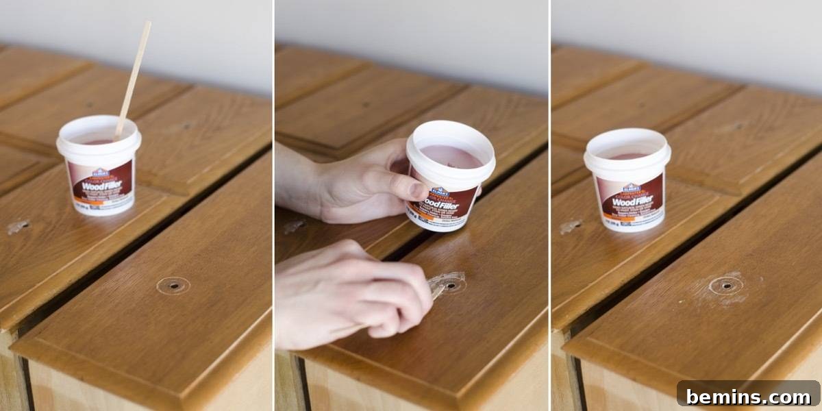 Image demonstrating the application of wood filler to holes and cracks in the dresser. This step ensures a smooth and even surface for painting.